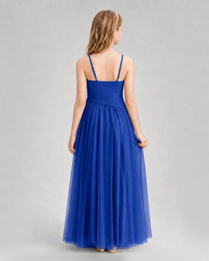 Royal Blue Junior Bridesmaid Dress Ruched V-Neck Spaghetti Strap Tulle Floor-Length Gown Back View