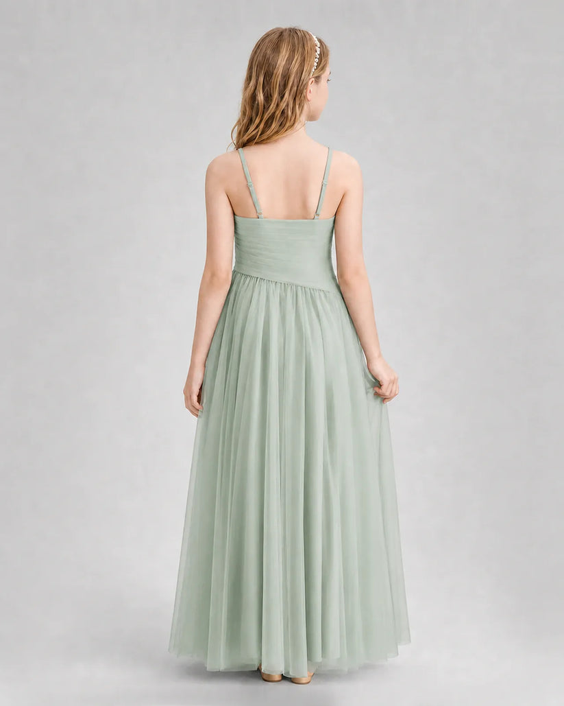 Sage Green Tulle A-line Junior Bridesmaid Dress Back View
