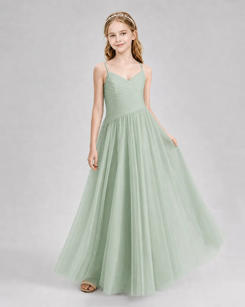 Sage Green Tulle A-line Junior Bridesmaid Dress Front View
