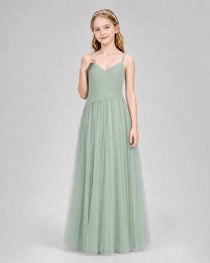 Sage Green Junior Bridesmaid Dress Ruched V-Neck Spaghetti Strap Tulle Floor-Length Gown Front View