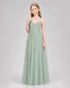 Sage Green Junior Bridesmaid Dress Ruched V-Neck Spaghetti Strap Tulle Floor-Length Gown Front View