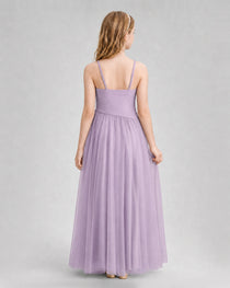 Wisteria Junior Bridesmaid Dress Ruched V-Neck Spaghetti Strap Tulle Floor-Length Gown Back View