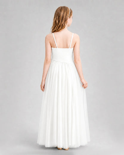 Ivory Junior Bridesmaid Dress Ruched V-Neck Spaghetti Strap Tulle Floor-Length Gown Back View