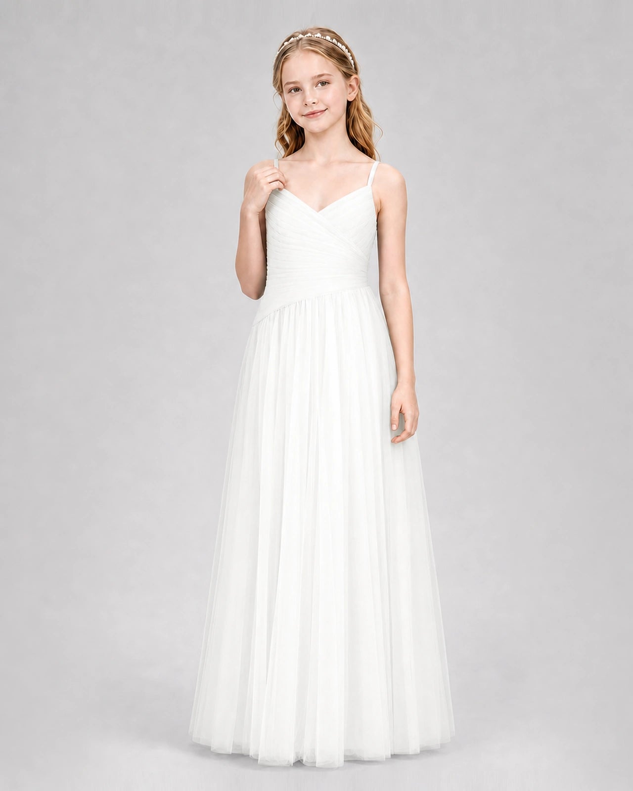 Ivory Junior Bridesmaid Dress Ruched V-Neck Spaghetti Strap Tulle Floor-Length Gown Front View