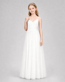 Ivory Junior Bridesmaid Dress Ruched V-Neck Spaghetti Strap Tulle Floor-Length Gown Front View