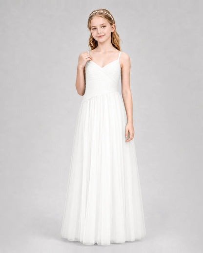 Ivory Junior Bridesmaid Dress Ruched V-Neck Spaghetti Strap Tulle Floor-Length Gown Front View