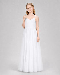 White Junior Bridesmaid Dress Ruched V-Neck Spaghetti Strap Tulle Floor-Length Gown Front View