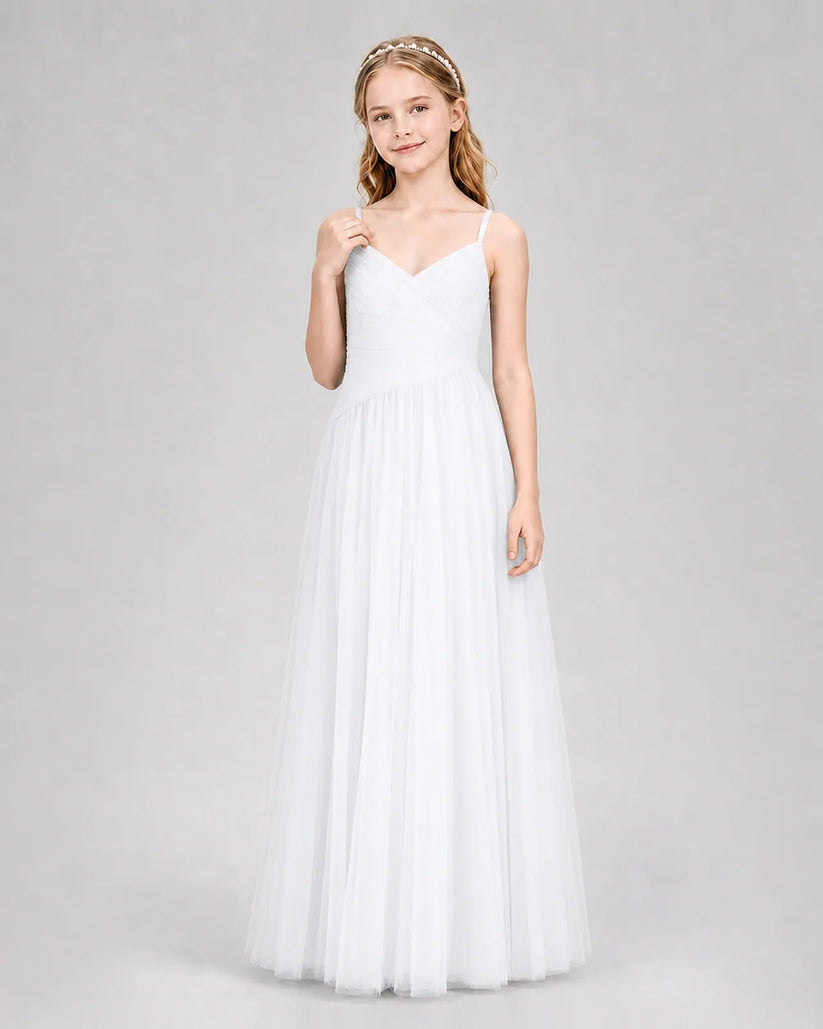 White Tulle A-line Junior Bridesmaid Dress Front View