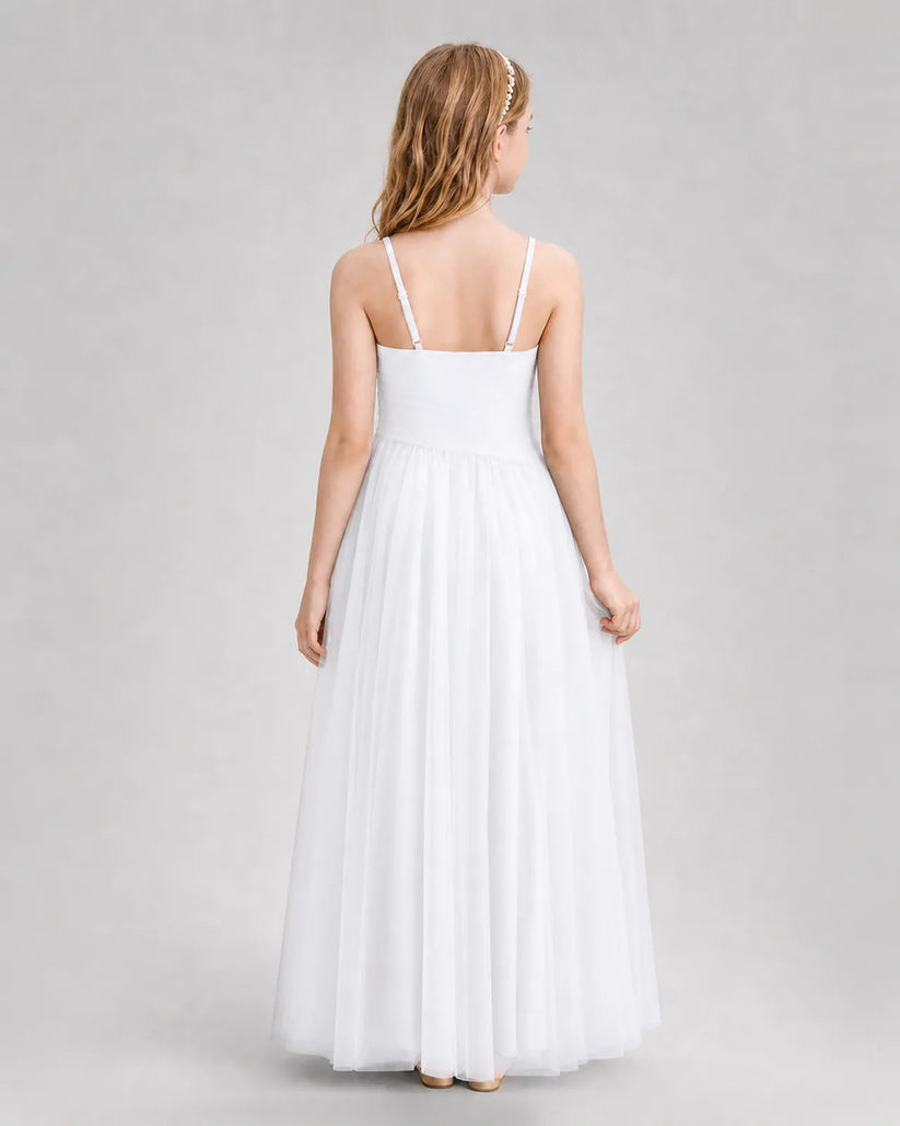 White Tulle A-line Junior Bridesmaid Dress Back View