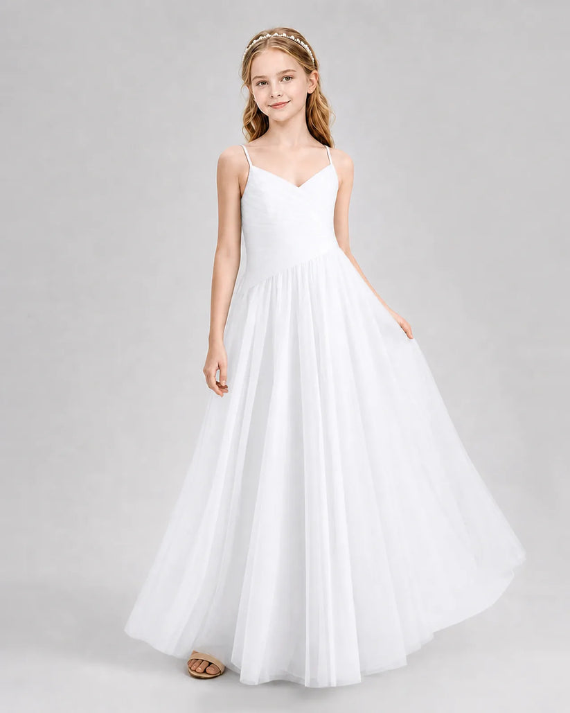 White Tulle A-line Junior Bridesmaid Dress Front View