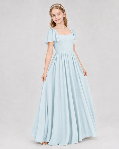 Baby Blue Junior Bridesmaid Dress Flutter Sleeve Chiffon Long Gown