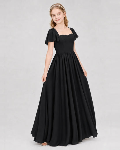 Black Junior Bridesmaid Dress Flutter Sleeve Chiffon Long Gown