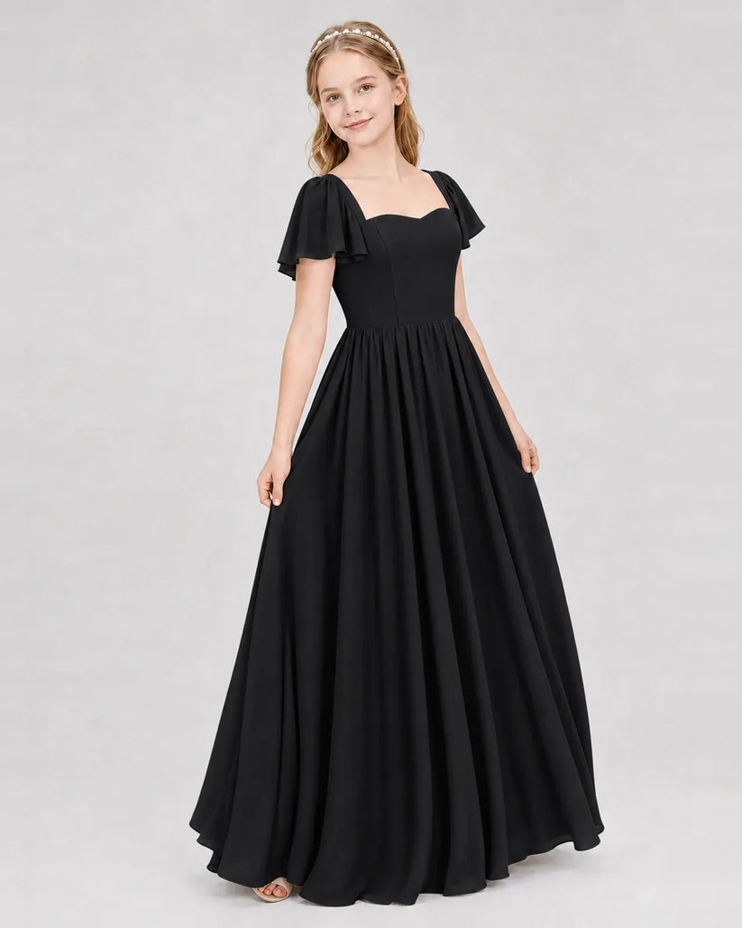 Black Chiffon A-line Junior Bridesmaid Dress Front View