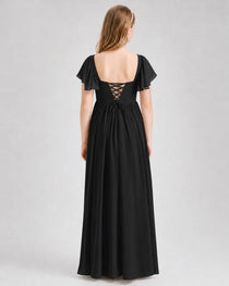 Black Junior Bridesmaid Dress Flutter Sleeve Chiffon Long Gown