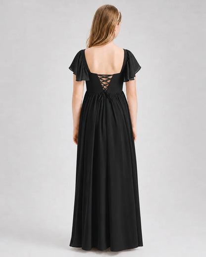 Black Junior Bridesmaid Dress Flutter Sleeve Chiffon Long Gown