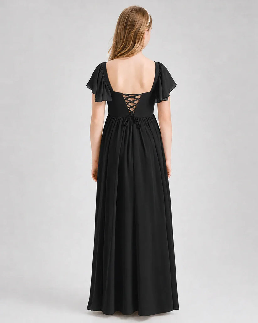 Black Chiffon A-line Junior Bridesmaid Dress Back View