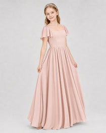 Blush Pink Junior Bridesmaid Dress Flutter Sleeve Chiffon Long Gown