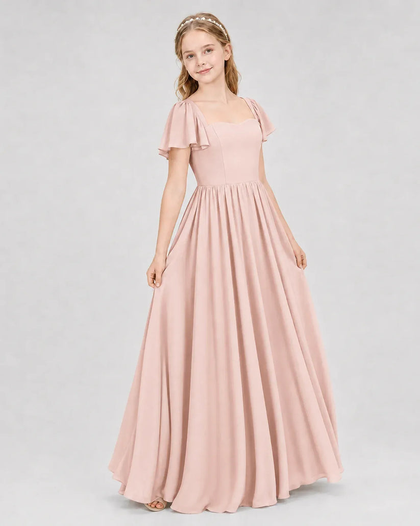 Blush Pink Chiffon A-line Junior Bridesmaid Dress Front View
