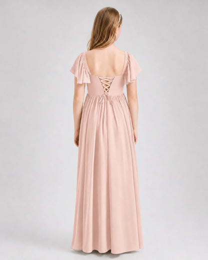 Blush Pink Junior Bridesmaid Dress Flutter Sleeve Chiffon Long Gown