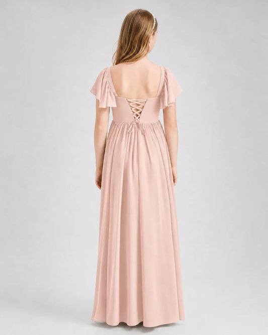 Blush Pink Chiffon A-line Junior Bridesmaid Dress Back View