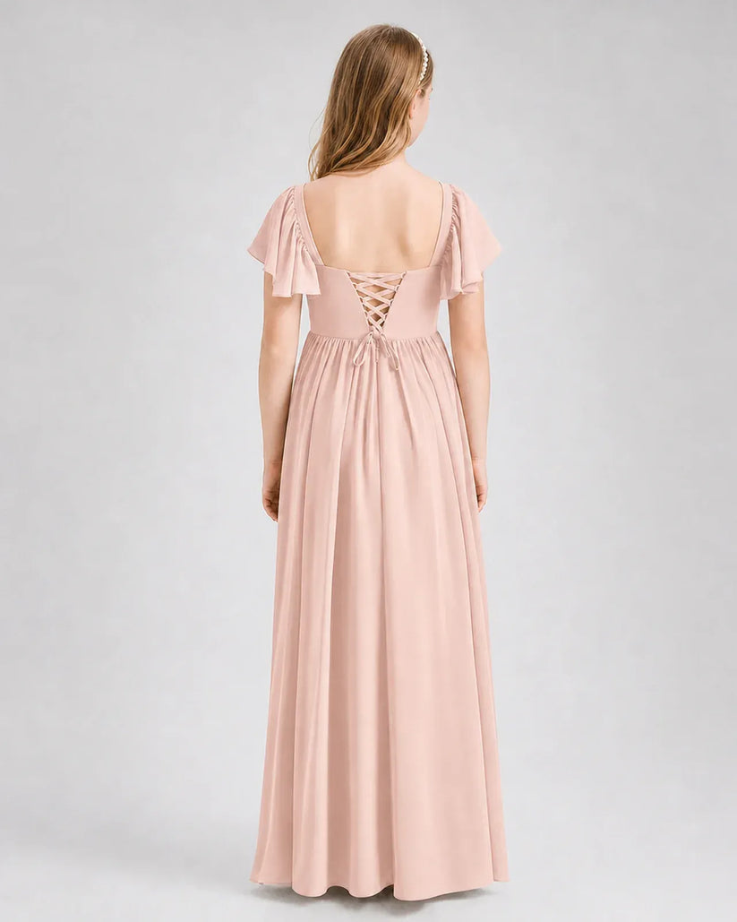 Blush Pink Chiffon A-line Junior Bridesmaid Dress Back View