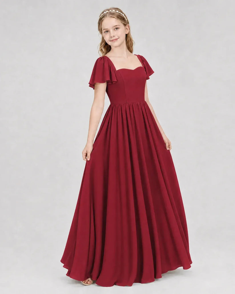 Burgundy Chiffon A-line Junior Bridesmaid Dress Front View