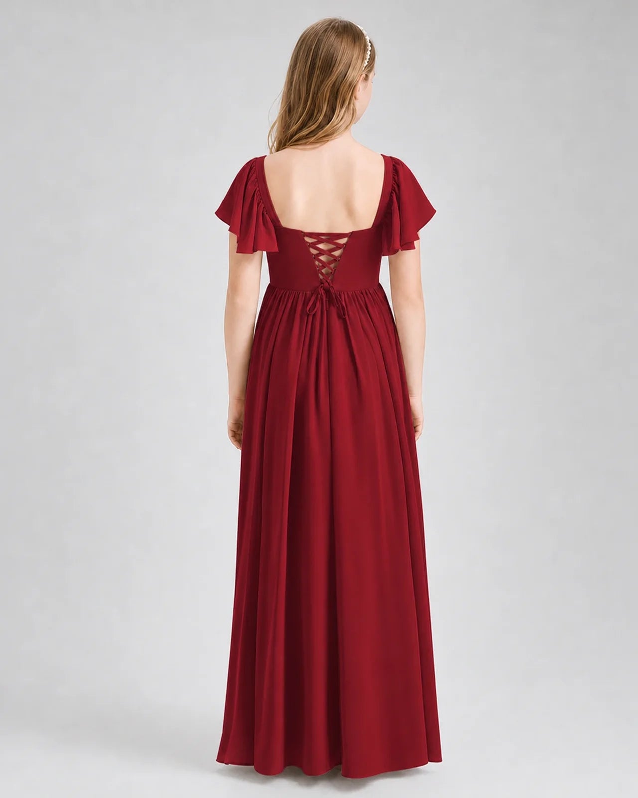 Burgundy Junior Bridesmaid Dress Flutter Sleeve Chiffon Long Gown
