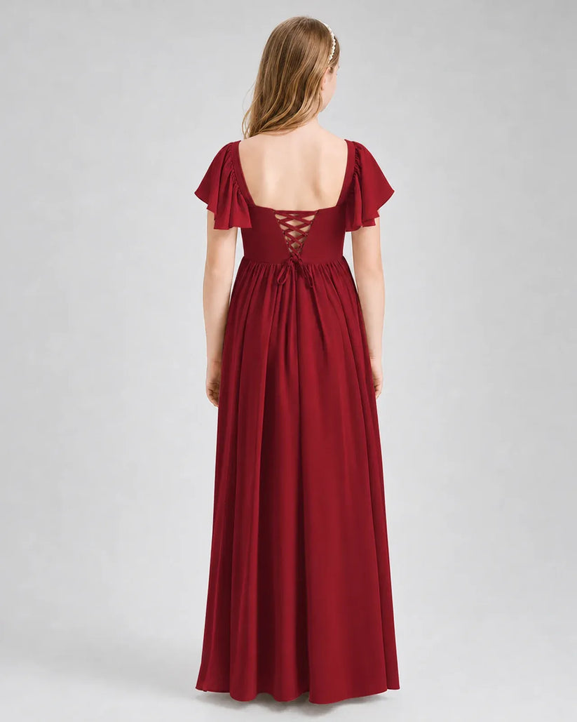 Burgundy Chiffon A-line Junior Bridesmaid Dress Back View