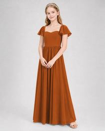 Burnt Orange Junior Bridesmaid Dress Flutter Sleeve Chiffon Long Gown