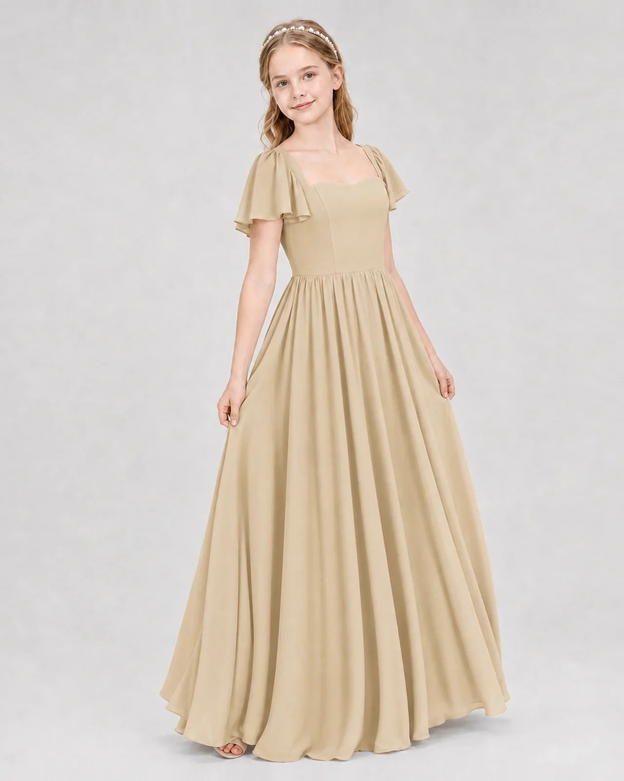 Champagne Junior Bridesmaid Dress Flutter Sleeve Chiffon Long Gown