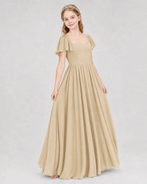 Champagne Junior Bridesmaid Dress Flutter Sleeve Chiffon Long Gown