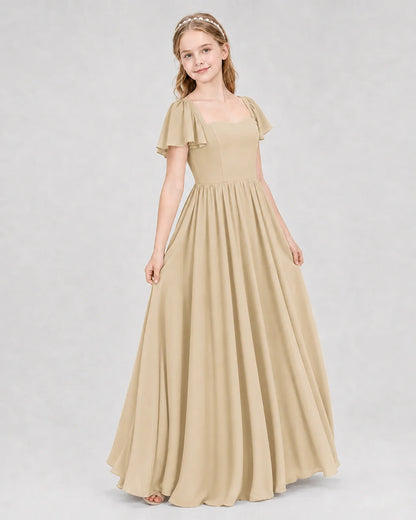 Champagne Junior Bridesmaid Dress Flutter Sleeve Chiffon Long Gown