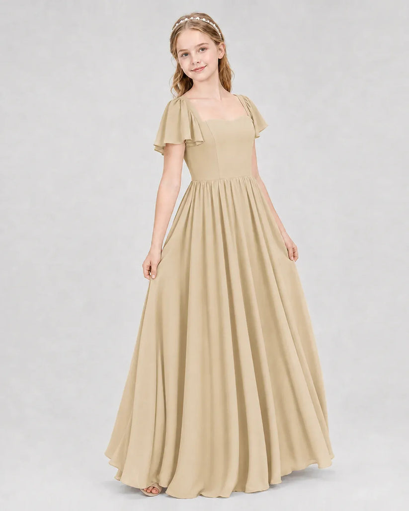 Champagne Chiffon A-line Junior Bridesmaid Dress Front View