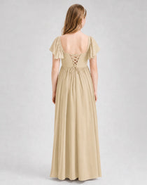 Champagne Junior Bridesmaid Dress Flutter Sleeve Chiffon Long Gown