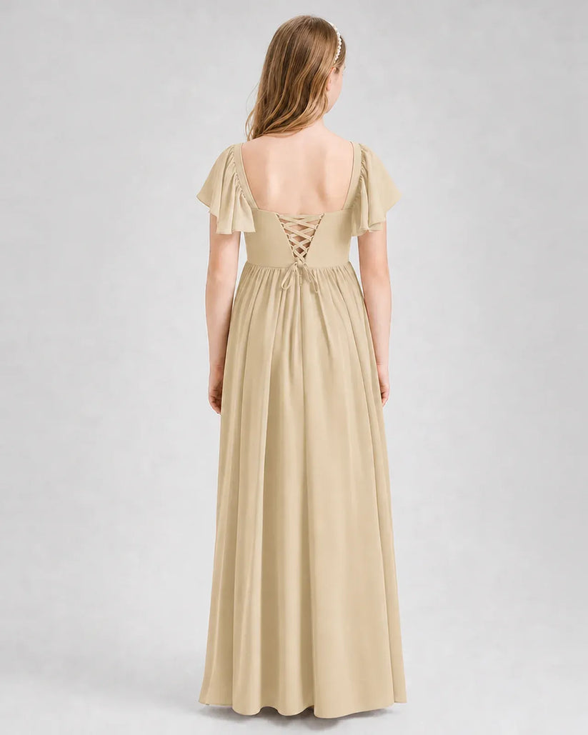 Champagne Chiffon A-line Junior Bridesmaid Dress Back View