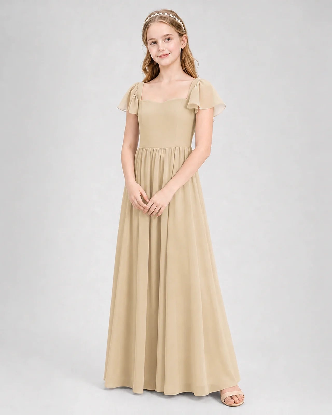 Champagne Junior Bridesmaid Dress Flutter Sleeve Chiffon Long Gown