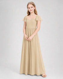 Champagne Junior Bridesmaid Dress Flutter Sleeve Chiffon Long Gown