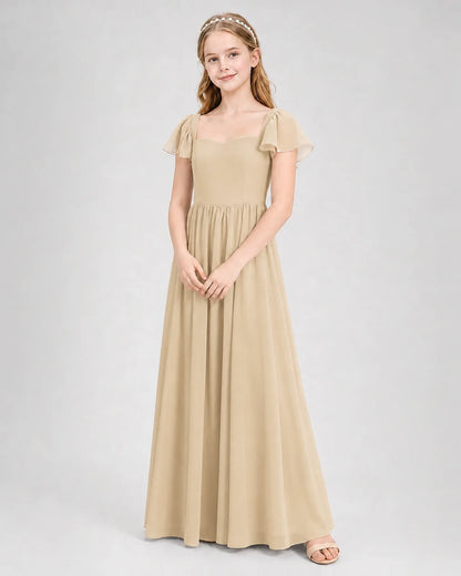 Champagne Junior Bridesmaid Dress Flutter Sleeve Chiffon Long Gown