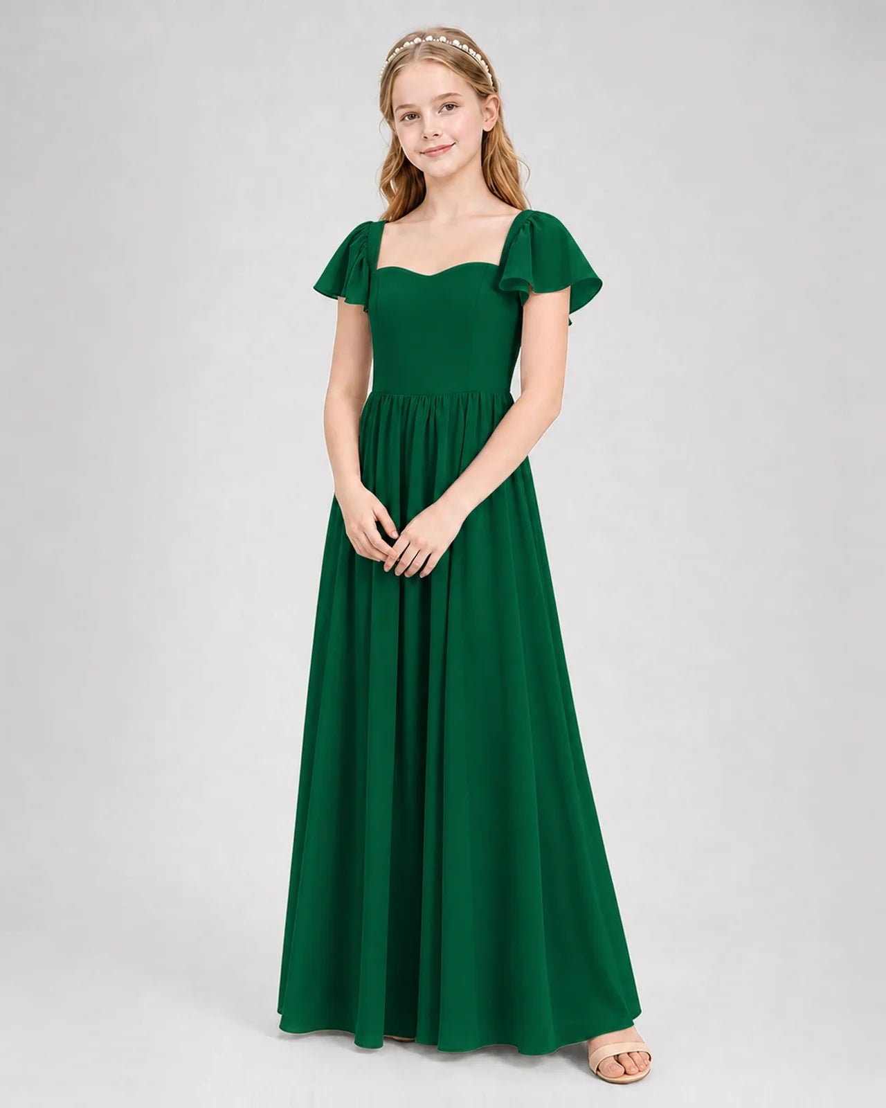 Dark Green Junior Bridesmaid Dress Flutter Sleeve Chiffon Long Gown