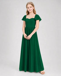 Dark Green Junior Bridesmaid Dress Flutter Sleeve Chiffon Long Gown