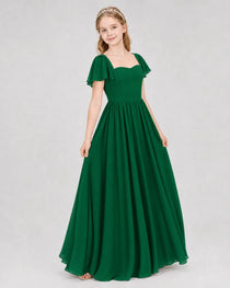 Dark Green Junior Bridesmaid Dress Flutter Sleeve Chiffon Long Gown