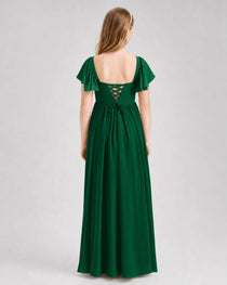 Dark Green  Junior Bridesmaid Dress Flutter Sleeve Chiffon Long Gown