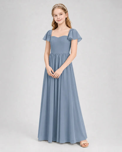 Dusty Blue  Junior Bridesmaid Dress Flutter Sleeve Chiffon Long Gown
