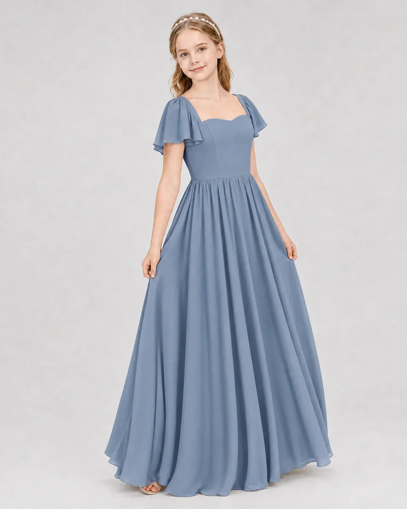 Dusty Blue Chiffon A-line Junior Bridesmaid Dress Front View