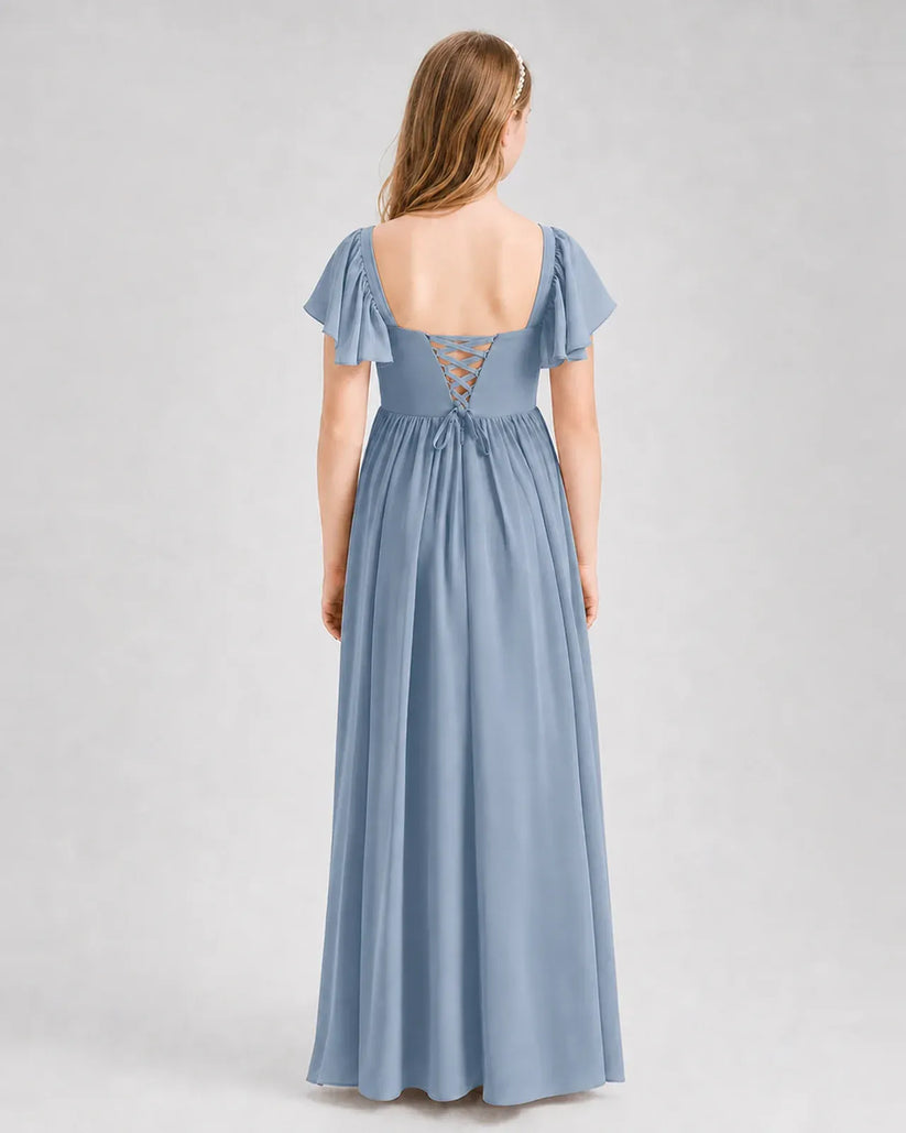 Dusty Blue Chiffon A-line Junior Bridesmaid Dress Back View
