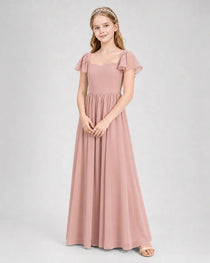 Dusty Rose Junior Bridesmaid Dress Flutter Sleeve Chiffon Long Gown