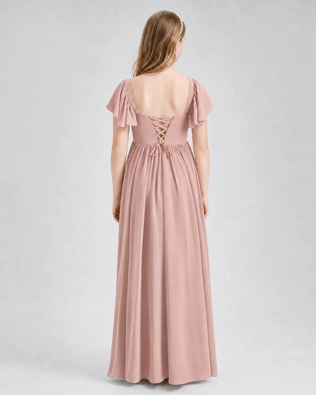 Dusty Rose Junior Bridesmaid Dress Flutter Sleeve Chiffon Long Gown