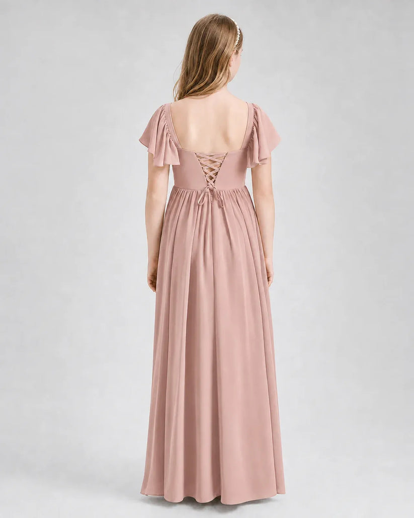 Dusty Rose Chiffon A-line Junior Bridesmaid Dress Back View