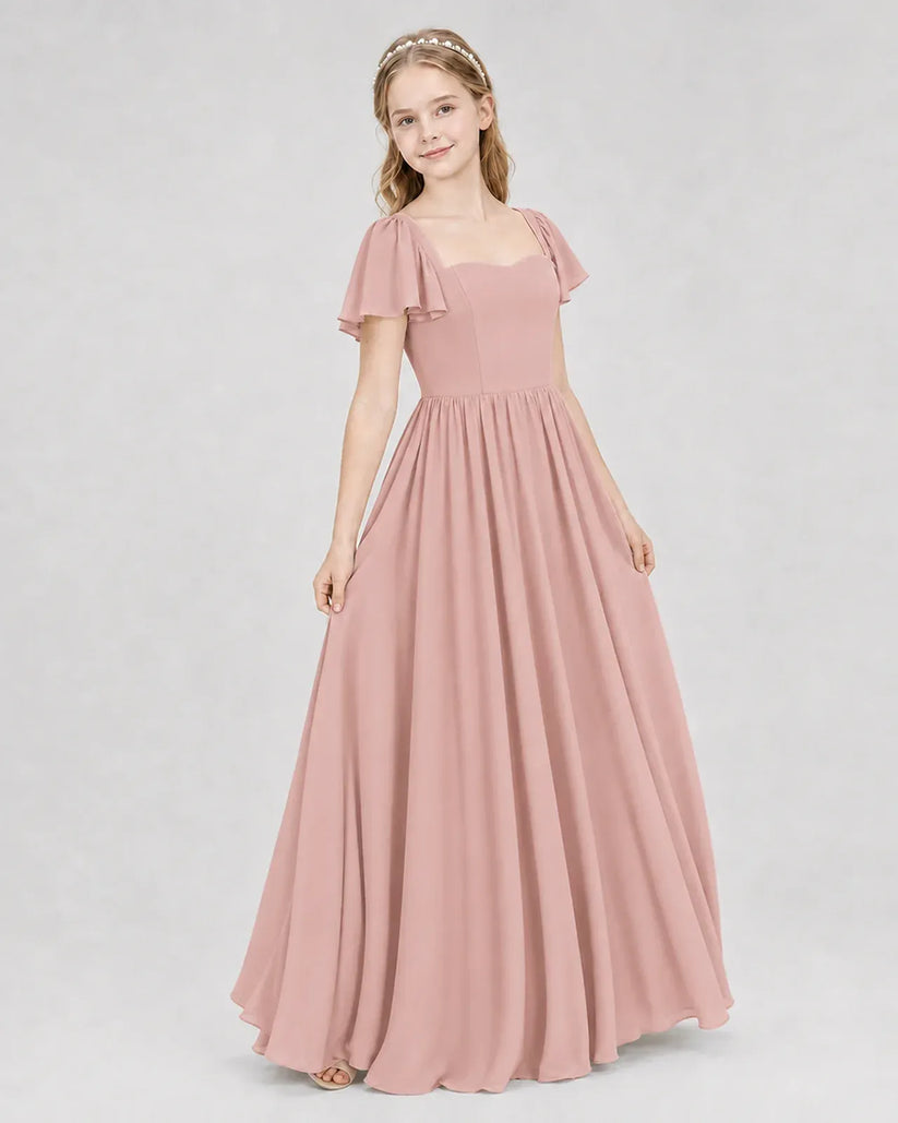 Dusty Rose Chiffon A-line Junior Bridesmaid Dress Front View