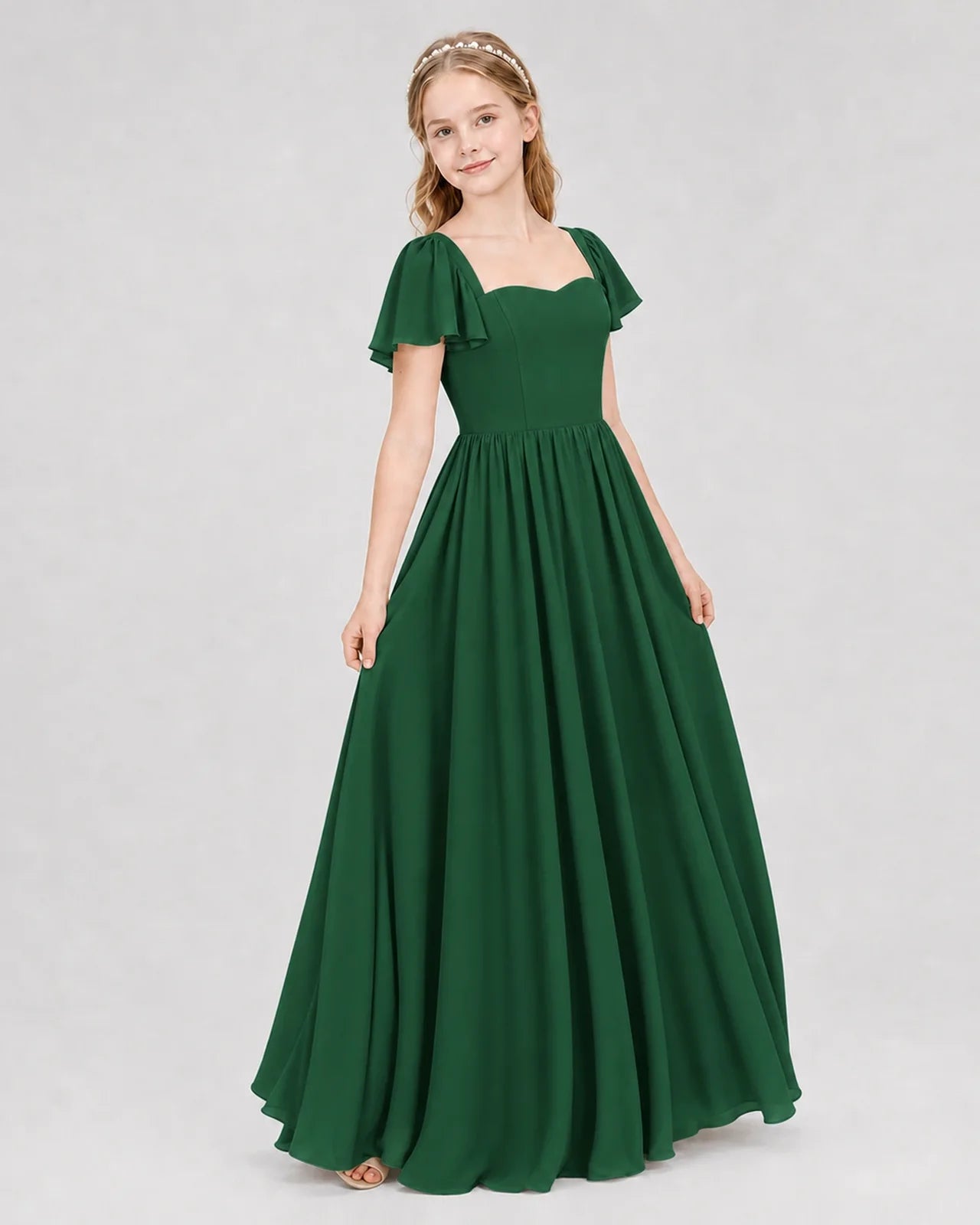 Emerald Green Junior Bridesmaid Dress Flutter Sleeve Chiffon Long Gown